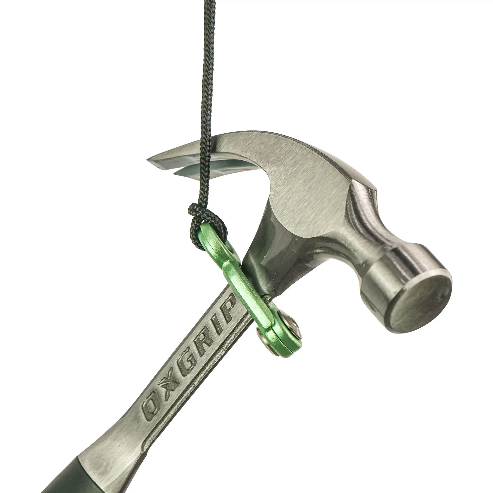 Close up of Ox Tools Hammer with SnapLock tool connector applied, with a chokehold tool lanyard attached. 