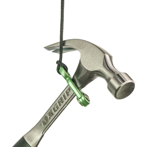 Close up of Ox Tools Hammer with SnapLock tool connector applied, with a chokehold tool lanyard attached. 