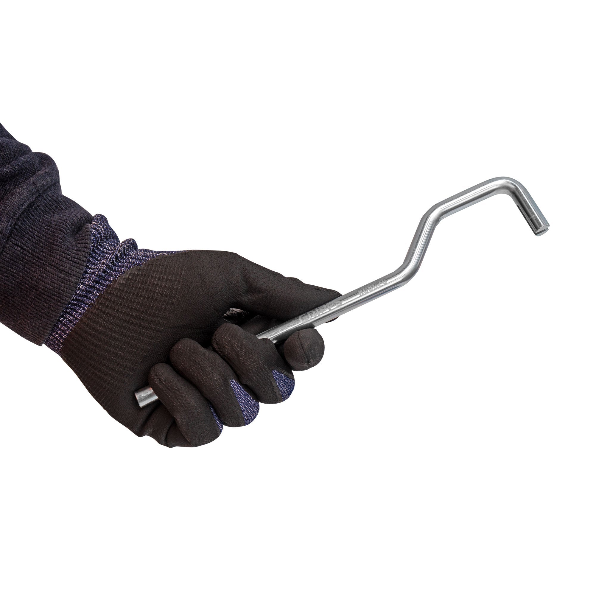 Hand wearing a black glove holding a GripTie Tool on a white background