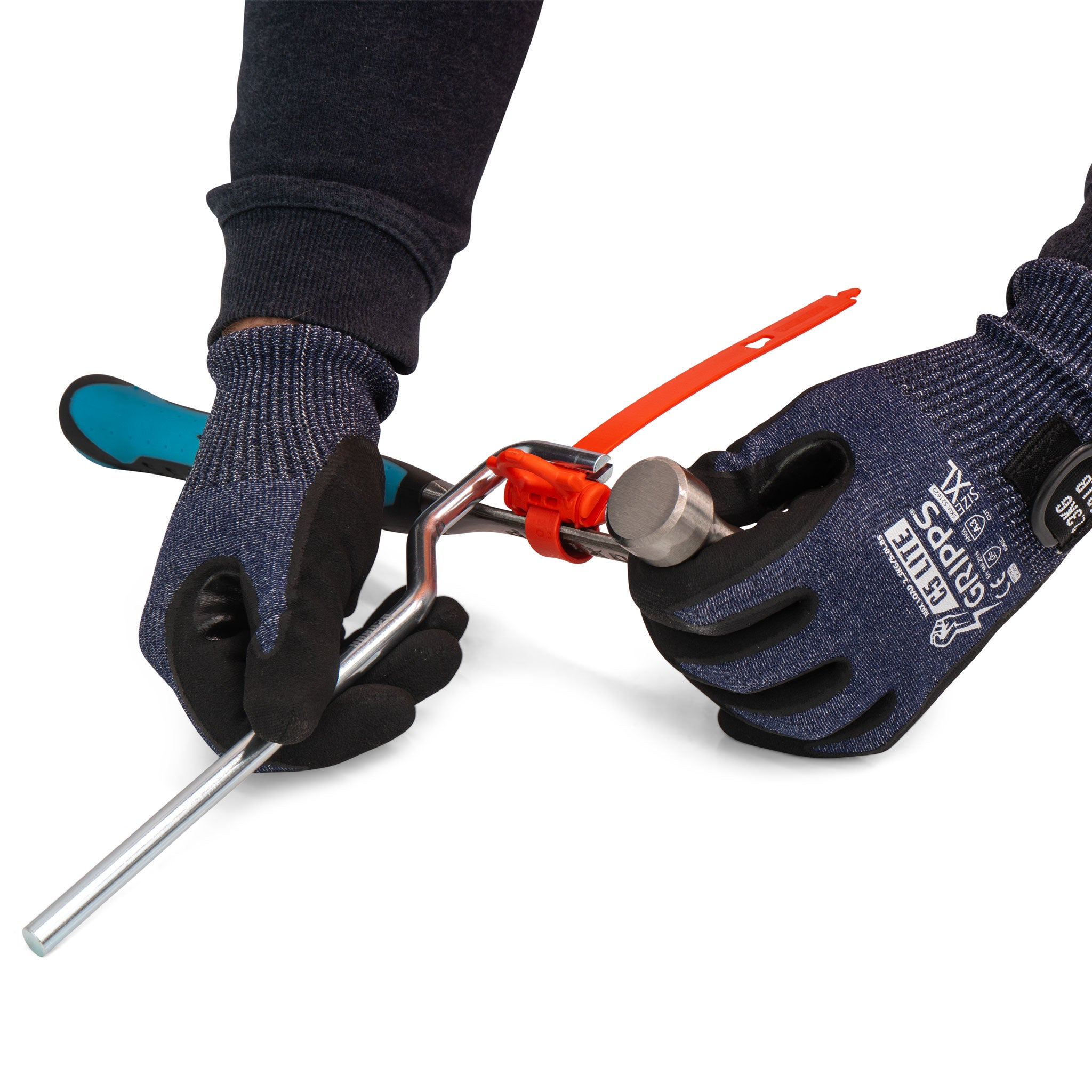 A person using the GrippTie Tool applying a GrippTie to a hammer with gloves on. d
